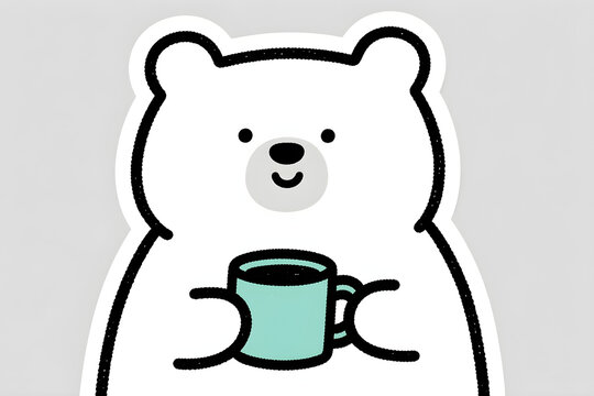 A simple round white bear character holding a warm mug extreme close