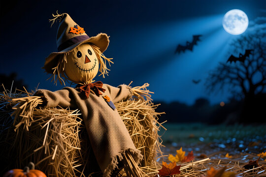 A scarecrow hat and burlap cloth resting on hay bales wide shot with