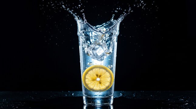Fresh lemon slice and falling ice cube splash in glass of sparkling water on dark reflective surface.