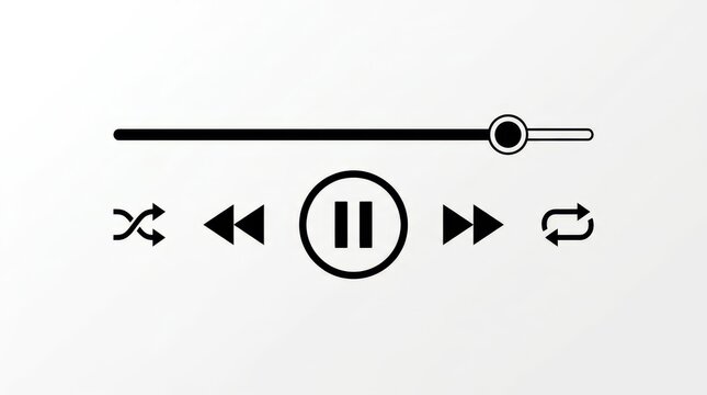 Minimalist Black Media Player Interface Icons Set with Progress Bar, Pause, Shuffle, and Repeat Buttons on White Background