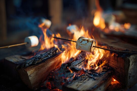 Marshmallows Roasting Over Campfire Flames