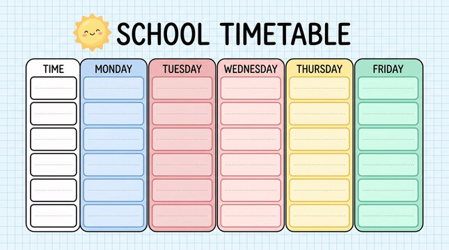 A colorful and organized school timetable template featuring a grid layout with slots for times and days of the week including Monday through Friday with a cute sun illustration at the top Isolated