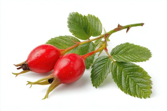 Red rosehip berries with green leaves