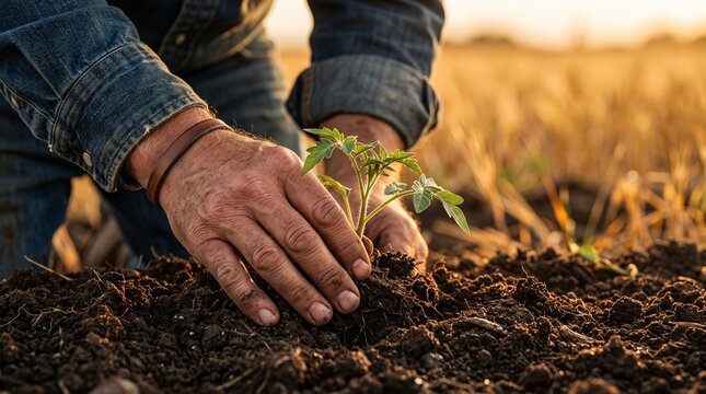 Rugged hands of senior farmer plant young seedling in rich brown soil during golden sunset hour of spring.