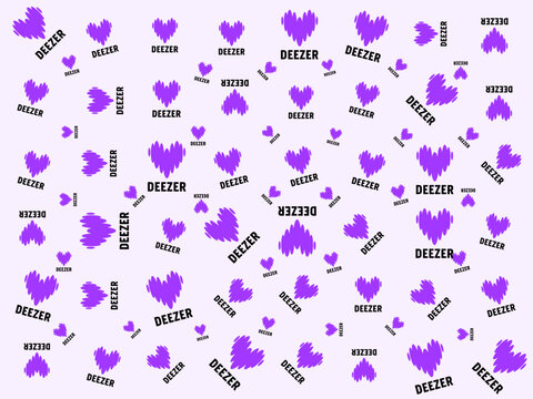 Deezer brand logo pattern background featuring purple heart equalizer icons and official typography. Editorial use only.