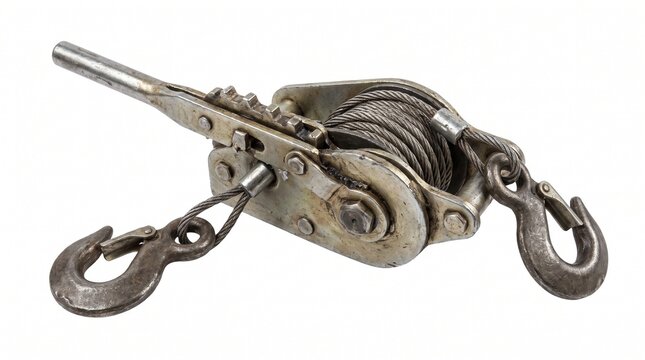 Cable wire rope puller winch and ratchet hoist tool isolated on white background