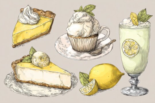Hand drawn lemon dessert set