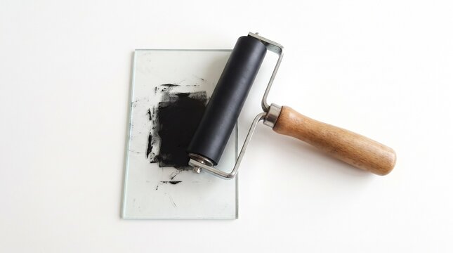 Linocut ink brayer roller and glass plate with black ink for printmaking isolated on white background