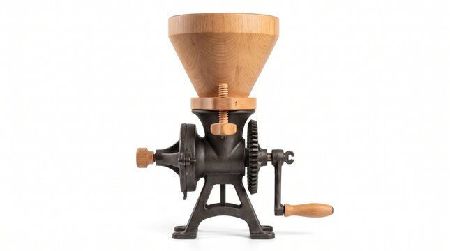 Manual grain mill and flaker with wooden hopper and cast iron body isolated on white background