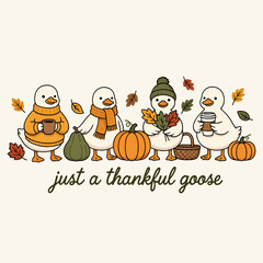 Naklejka premium Four cartoon geese with autumn accessories depict a fall harvest scene goose.