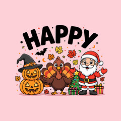 Fototapeta premium Festive illustration features a turkey jack o lanterns and santa claus with autumn foliage.