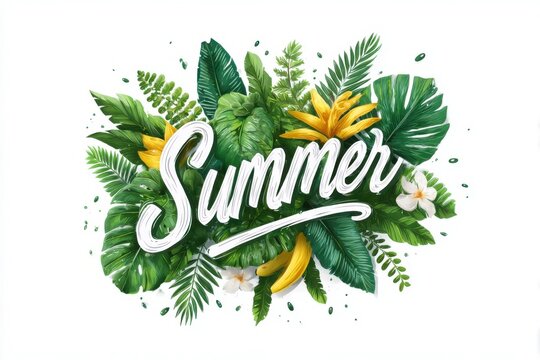 Summer banner with tropical green leaves