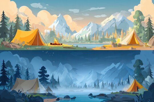 Summer camping day night banner