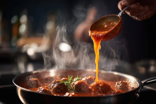 Pouring rich tomato sauce over meatballs