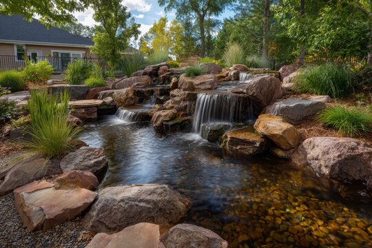 Tranquil backyard waterfall landscape pond
