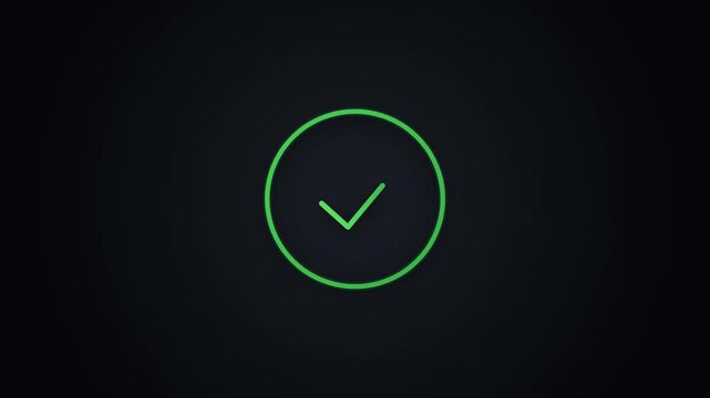 Green checkmark icon animation appears and spins on dark background, success confirmation or loading complete concept.