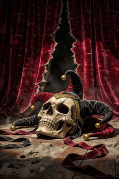 halloween skull jester costume theatrical curtain dramatic shattered red velvet backdrop eerie spooky festive horror fantasy decoration