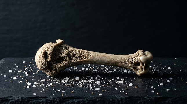 A close-up shot of a chicken bone calcium structure on a dark slate surface sprinkled with sea salt and pepper
