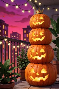 halloween illuminated jack-o-lanterns stacked on balcony with string lights and cityscape backdrop