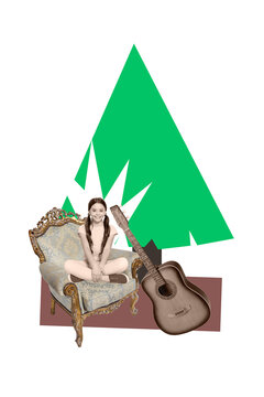 3d creative photo poster collage of happy small girl teenager sti stool guitar performance new year tree occasion noel event