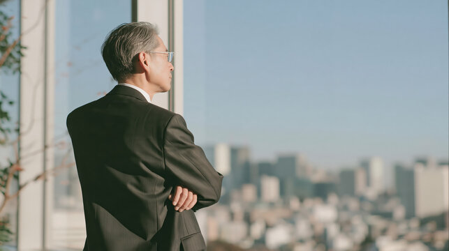 Confident senior executive standing beside window overlooking modern city skyline with calm determination