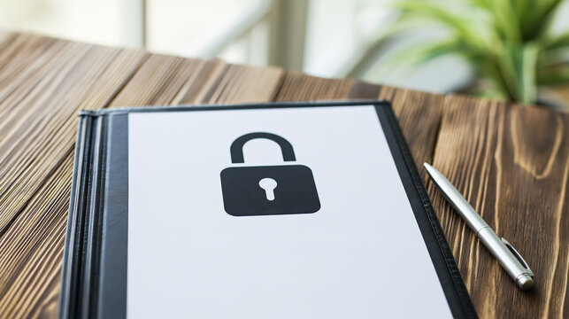 Confidential business document inside plain black folder with padlock symbol, promoting privacy, security, and restricted access