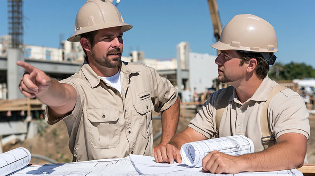 Construction manager and civil engineer coordinating work at building site