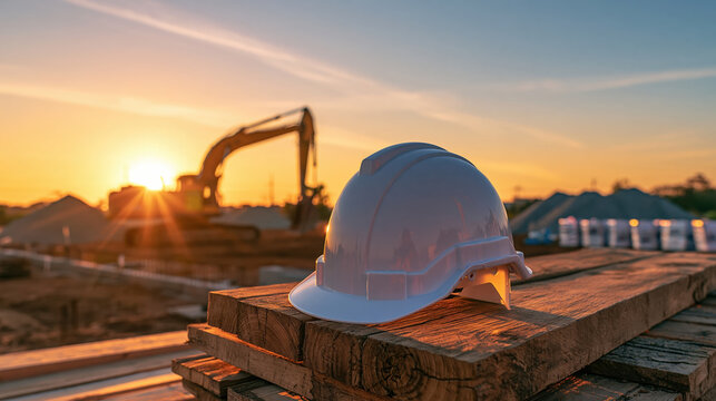 Construction site at sunrise with white hard hat on timber and excavator, creating focused mood for civil engineering work