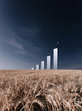 Crop market analysis concept with expansive ripe wheat and rising bar chart beneath dark sky