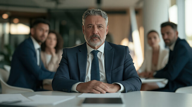 Experienced business leader seated at office table with focused colleagues, conveying confidence and authority in modern workplace setting