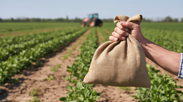 Farmer hand holding burlap money bag over cultivated field with tractor, conveying rural harvest and agricultural prosperity