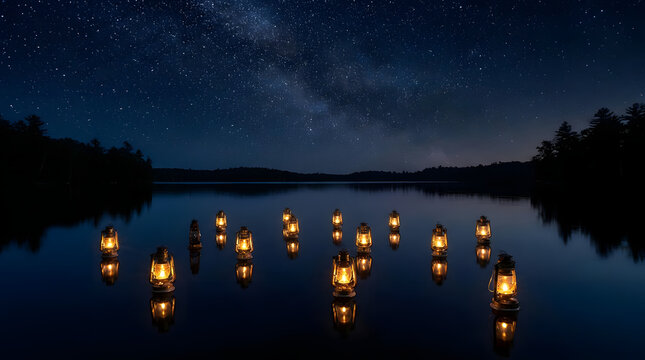 Floating Lanterns on Calm Lake Under Starry Night Sky, Milky Way Galaxy Visible