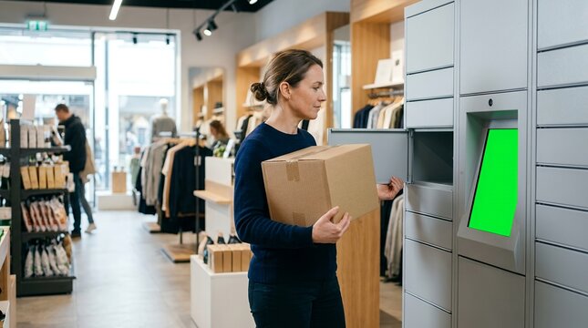 Young woman using a modern self-service parcel locker with a green screen interface to pick up or drop off a package inside a retail store