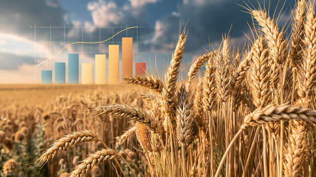 Golden wheat field at harvest season with business growth chart and clear sky conveying agricultural prosperity and market optimism