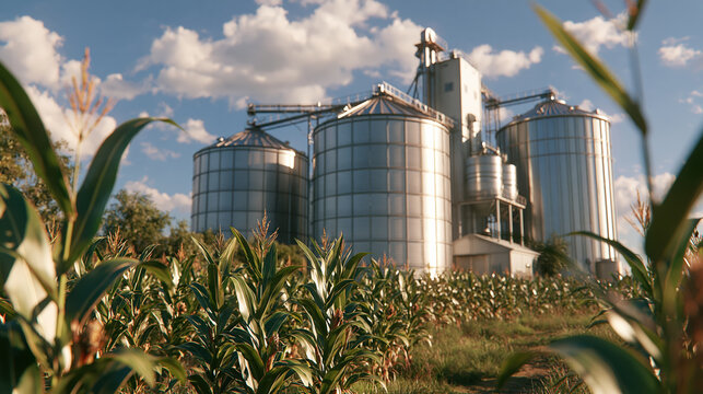 Grain handling complex surrounded by mature corn field under blue sky