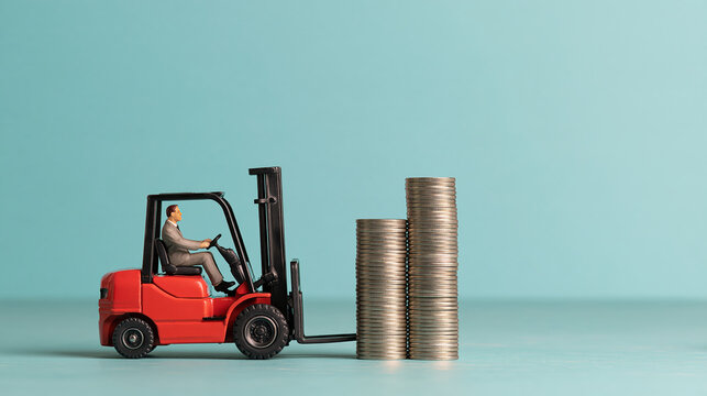 Miniature worker driving red forklift toward stacked metal coin, symbolizing business productivity and financial growth