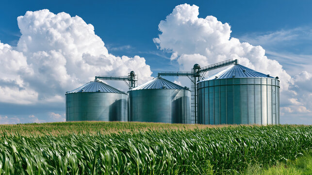 Modern grain storage facility rising behind healthy green crop under vivid blue sky and dramatic white cloud formation