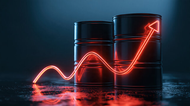 Oil barrel energy market concept with glowing upward arrow reflection on dark industrial surface