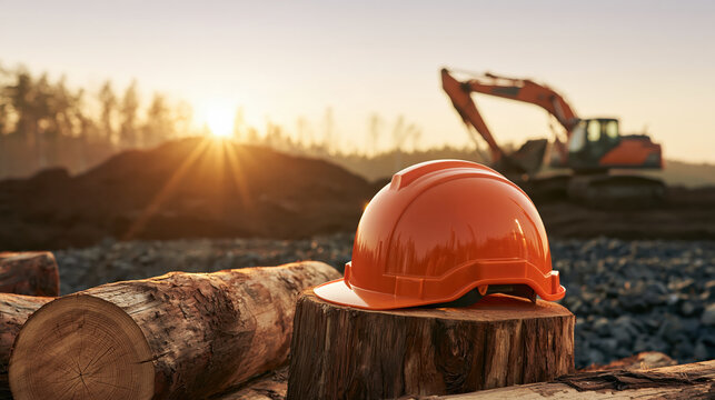 Orange safety helmet on tree stump beside timber at construction site during golden hour with excavator and sunlit landscape