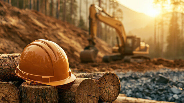 Orange safety helmet and excavator at forest construction site during golden hour