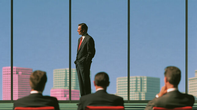 Senior business leader giving presentation to seated colleagues before city skyline through office windows, creating formal corporate meeting scene