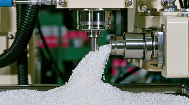Polymer production process showing small white plastic pellet material emerging from industrial machinery for manufacturing use