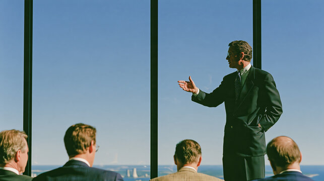 Senior businessman presentation speaking to audience near window with ocean view and blue sky