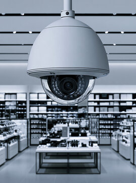 White dome security camera suspended inside bright modern retail store
