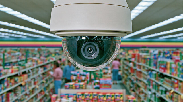 White security camera overlooking supermarket aisle with shoppers and colorful shelves, illustrating retail surveillance and loss prevention
