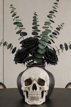 Halloween decor with skull vase and black roses and eucalyptus