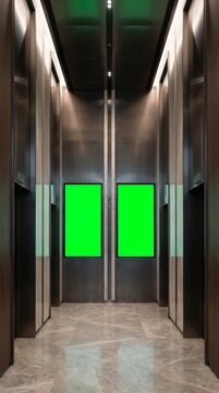 Modern elevator lobby interior with dual vertical green screen mockup displays on lift doors