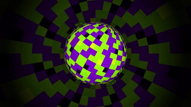 Green and Purple Checker Sphere Rotating Inside Hypnotic Chevron Vortex Seamless Loop
