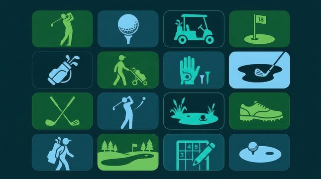 Set of Golf Icons and Symbols for Sports App Design, Web Interface, and Infographics in Green and Blue Colors