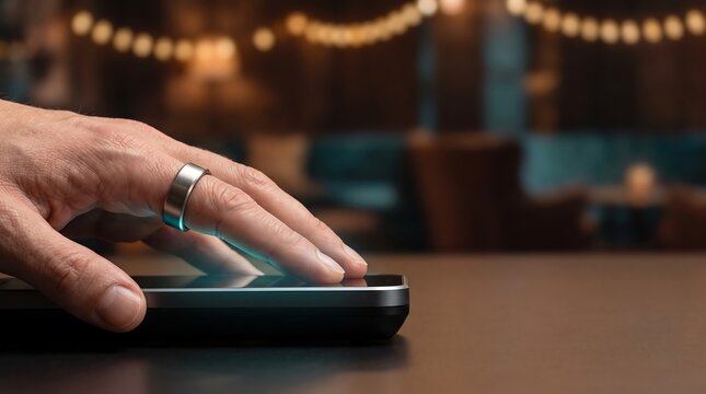 Smart Ring Wrist Closeup Making Contactless Payment on POS Terminal